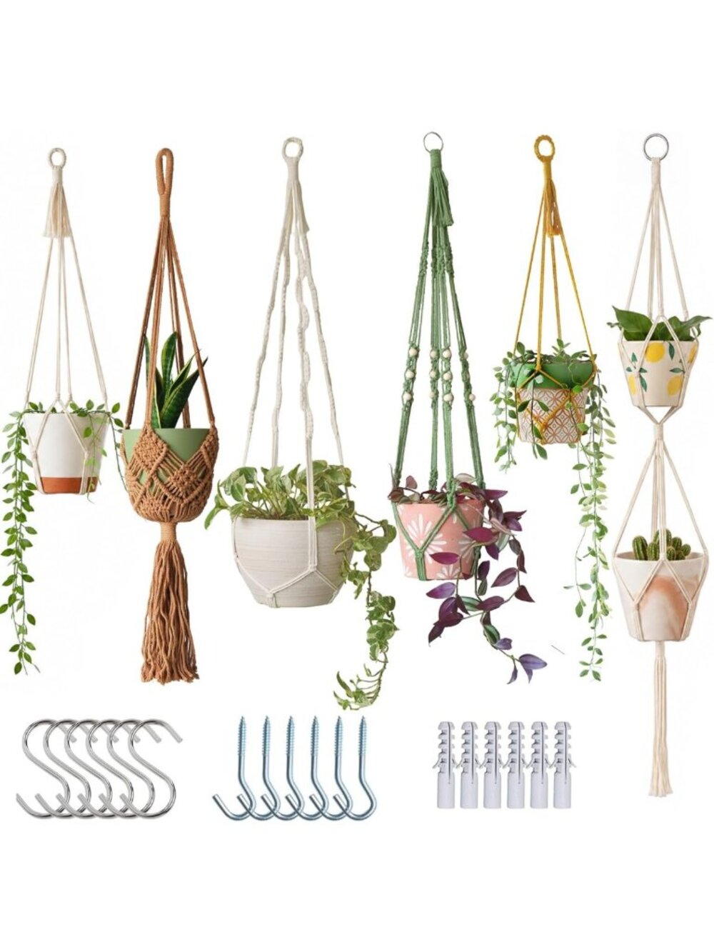 6 Pack Macrame Plant Hangers Set - Handmade Cotton Rope, Boho Indoor Planters